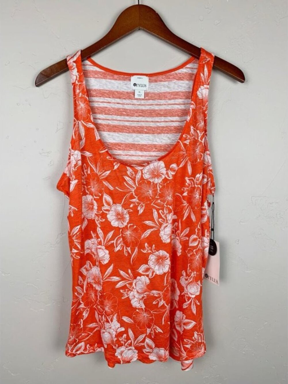 NWT New Stylus Linen Tank Top Orange & Floral Stripe Sleeveless Women's XL